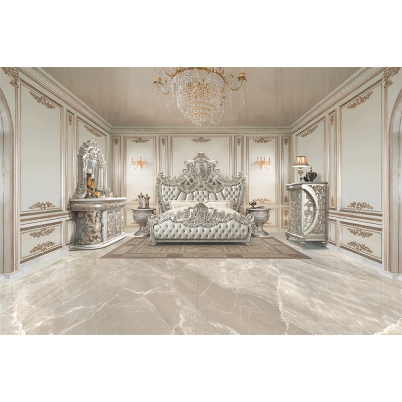 ACME Sandoval MDF Wood Ample Mirror with Scrolled Floral in Silver