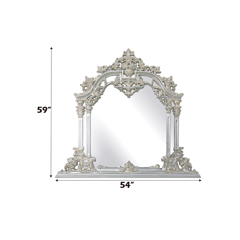 ACME Sandoval MDF Wood Ample Mirror with Scrolled Floral in Silver