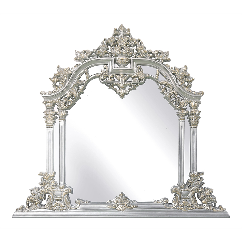 ACME Sandoval MDF Wood Ample Mirror with Scrolled Floral in Silver