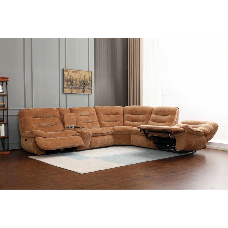 ACME Emmy Chenille Fabric Power Motion Sectional Sofa with USB Port in Orange