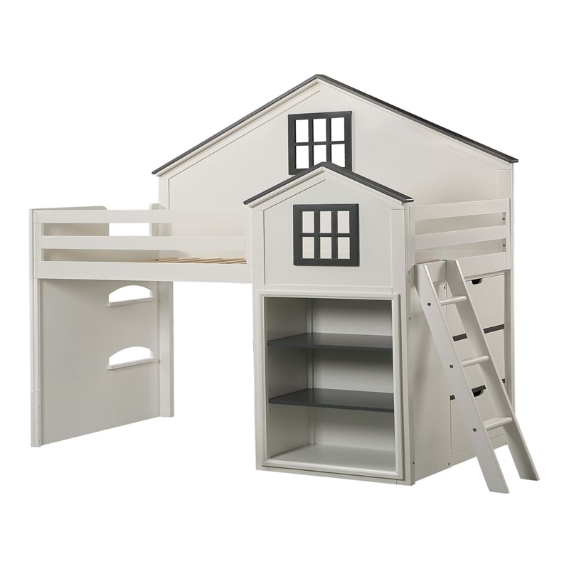 ACME Ratana Wood House-Shaped Loft Bed with Built-in Bookshelf in White & Gray