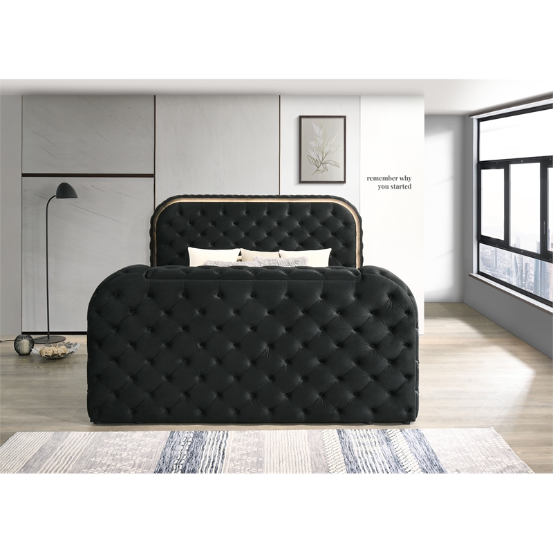 ACME Kana Velvet Fabric Upholstered Eastern King Bed with LED in Black