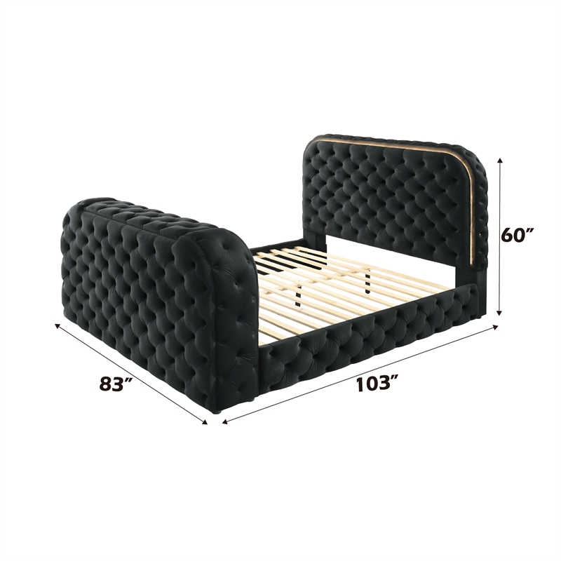 ACME Kana Velvet Fabric Upholstered Eastern King Bed with LED in Black