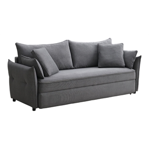 acme irina fabric upholstered sofa with pull-out sleeper and 4 pillows in gray