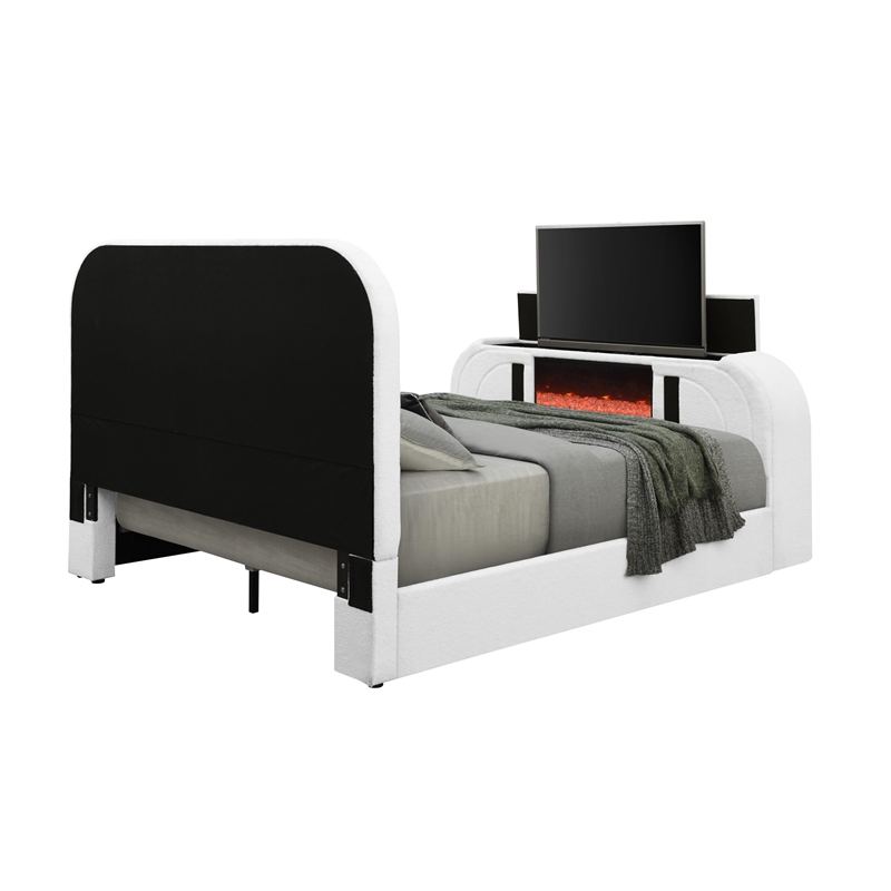 ACME Shelyn EK Bed w/Fireplace in White Teddy Sherpa & Chrome