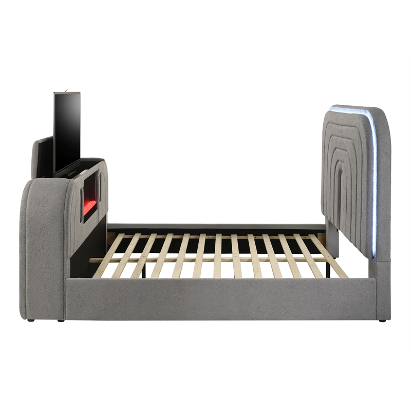 ACME Shelyn Queen Bed w/Fireplace in Gray Teddy Sherpa & Chrome