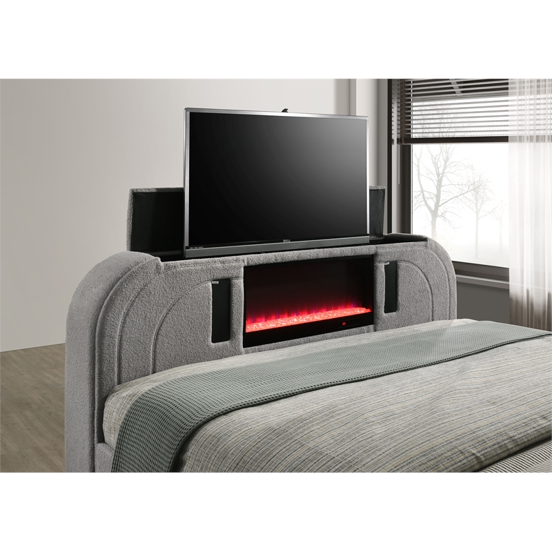 ACME Shelyn Queen Bed w/Fireplace in Gray Teddy Sherpa & Chrome
