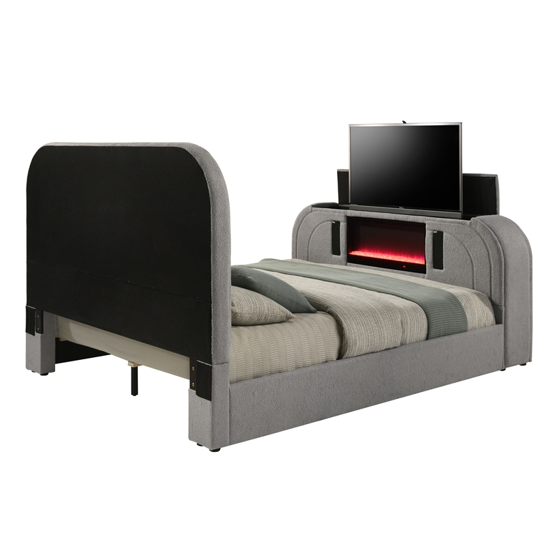 ACME Shelyn Queen Bed w/Fireplace in Gray Teddy Sherpa & Chrome
