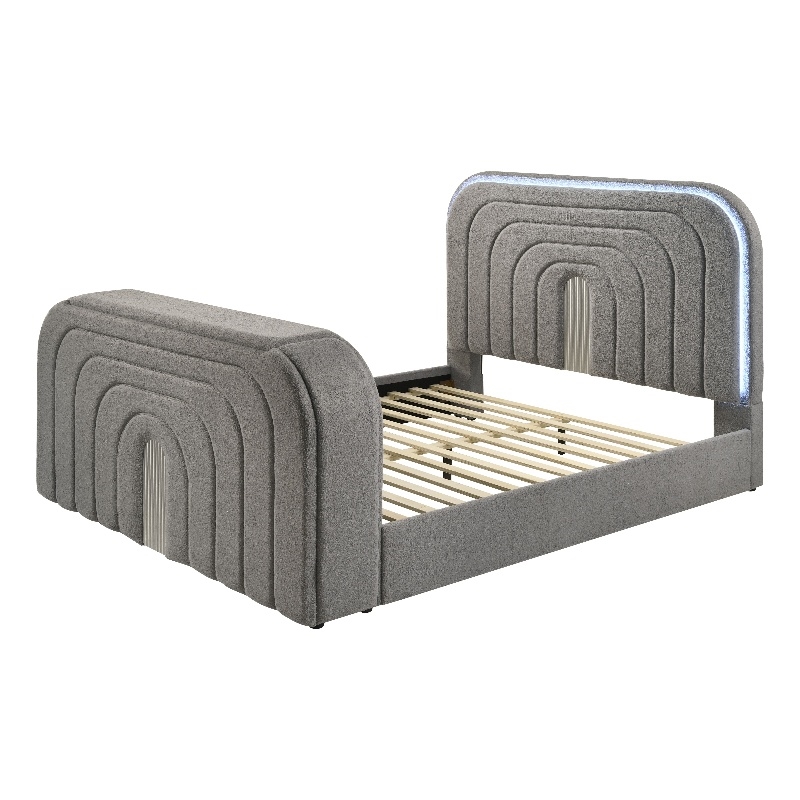 ACME Shelyn Queen Bed w/Fireplace in Gray Teddy Sherpa & Chrome