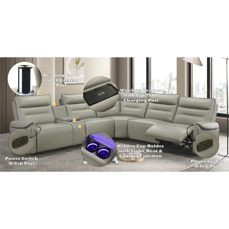 ACME Jayke Power Motion Sectional Sofa in Light Gray Top Grain Leather Match