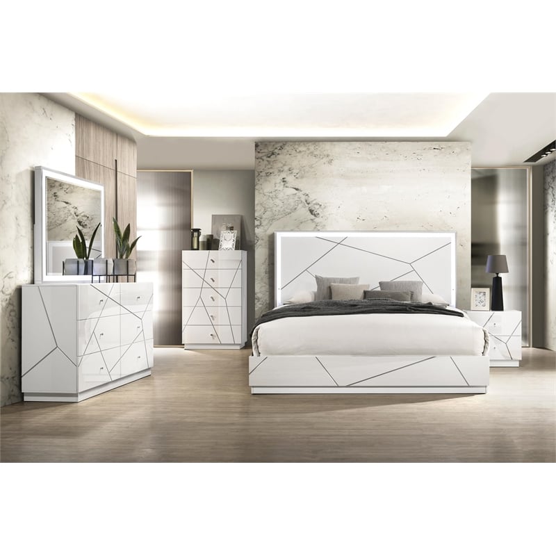 ACME Esther Eastern King Bed w/LED in  White & Silver High Gloss