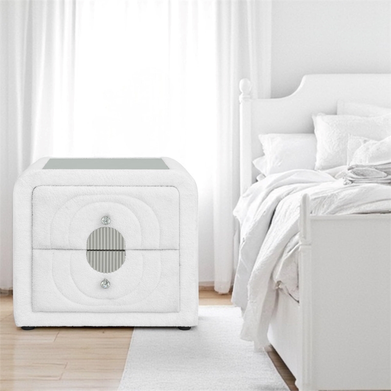 ACME Shelyn Nightstand in White Teddy Sherpa & Chrome