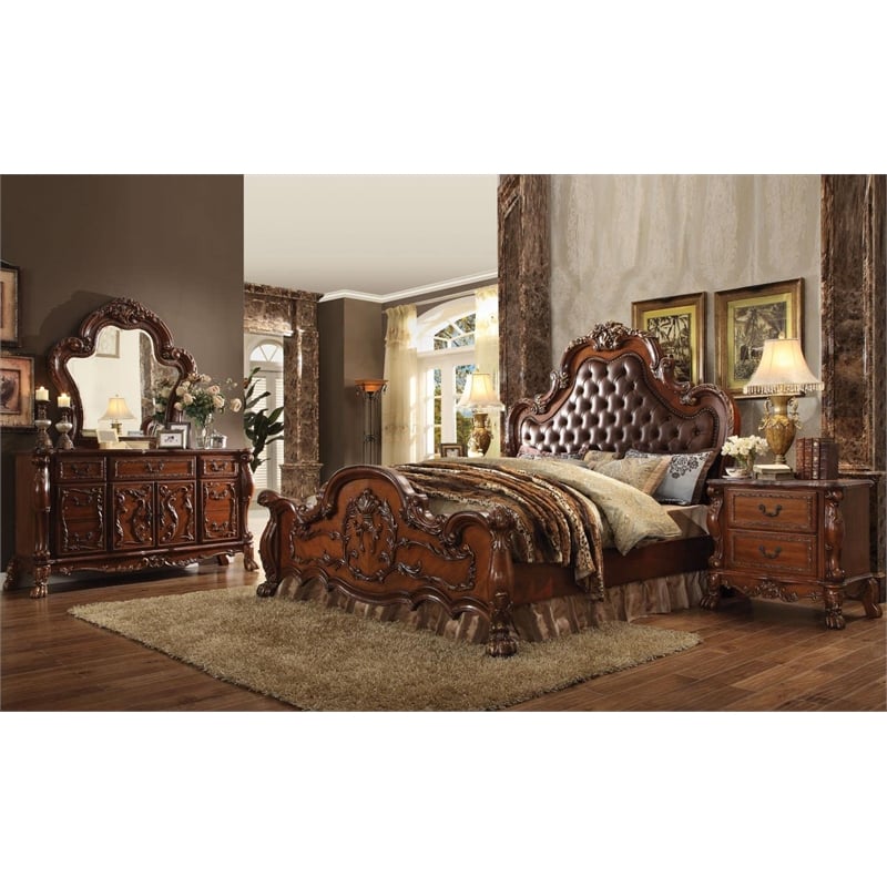 ACME Dresden Queen Bed in Synthetic Leather & Cherry Oak