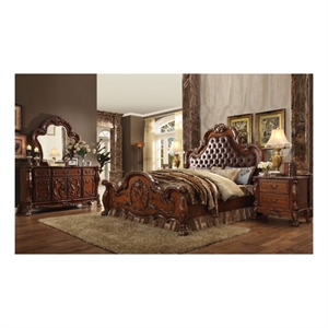 ACME Dresden Queen Bed in Synthetic Leather & Cherry Oak