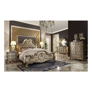 ACME Dresden Eastern King Bed in Bone Synthetic Leather & Gold Patina