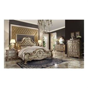ACME Dresden Queen Bed in Bone Synthetic Leather & Gold Patina