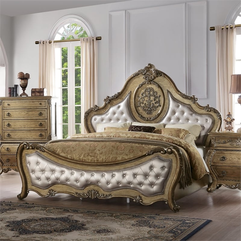 ACME Ragenardus Eastern King Bed in Synthetic Leather & Vintage Oak