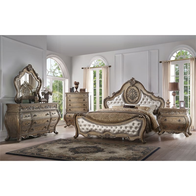 ACME Ragenardus Queen Bed in Synthetic Leather & Vintage Oak
