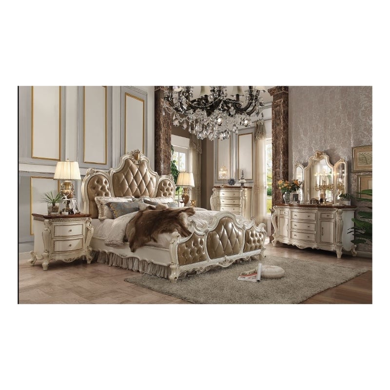 ACME Picardy CK Bed in Butterscotch Synthetic Leather & Antique Pearl