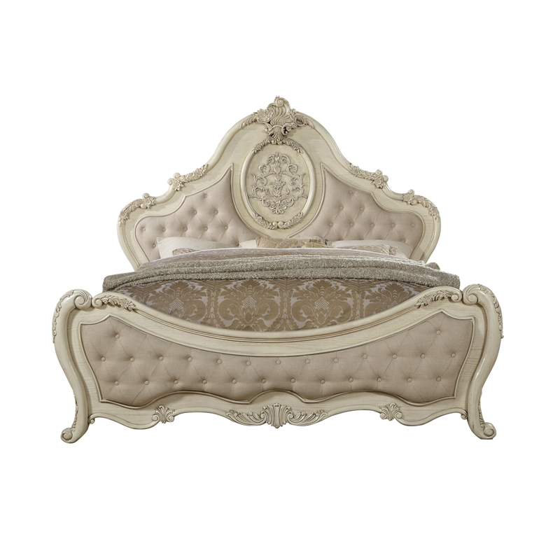 ACME Ragenardus Eastern King Bed in Beige Linen & Antique White