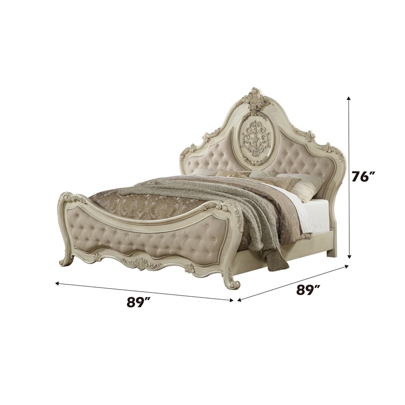 ACME Ragenardus Eastern King Bed in Beige Linen & Antique White