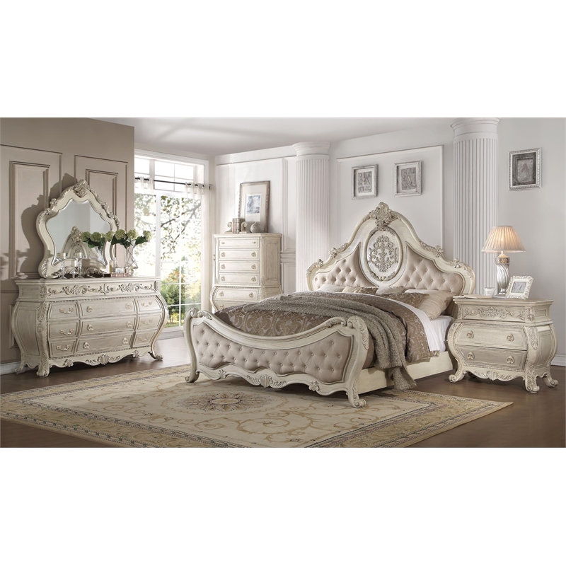 ACME Ragenardus Eastern King Bed in Beige Linen & Antique White