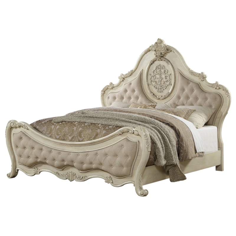 ACME Ragenardus Queen Bed in Beige Linen & Antique White