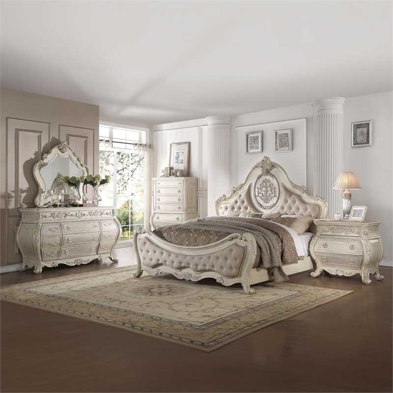 ACME Ragenardus Queen Bed in Beige Linen & Antique White