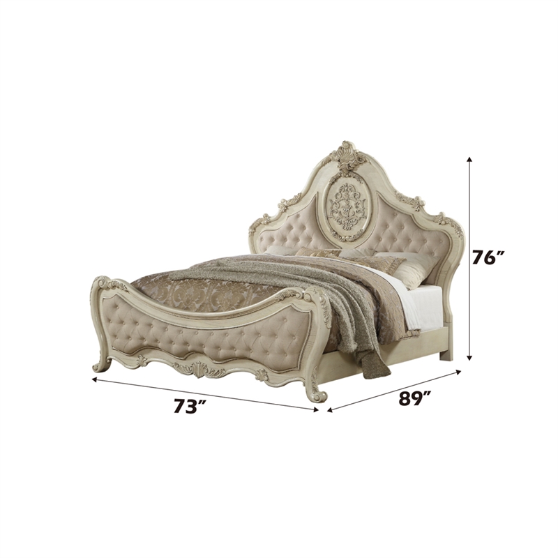 ACME Ragenardus Queen Bed in Beige Linen & Antique White