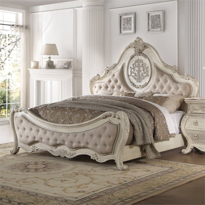 ACME Ragenardus Queen Bed in Beige Linen & Antique White