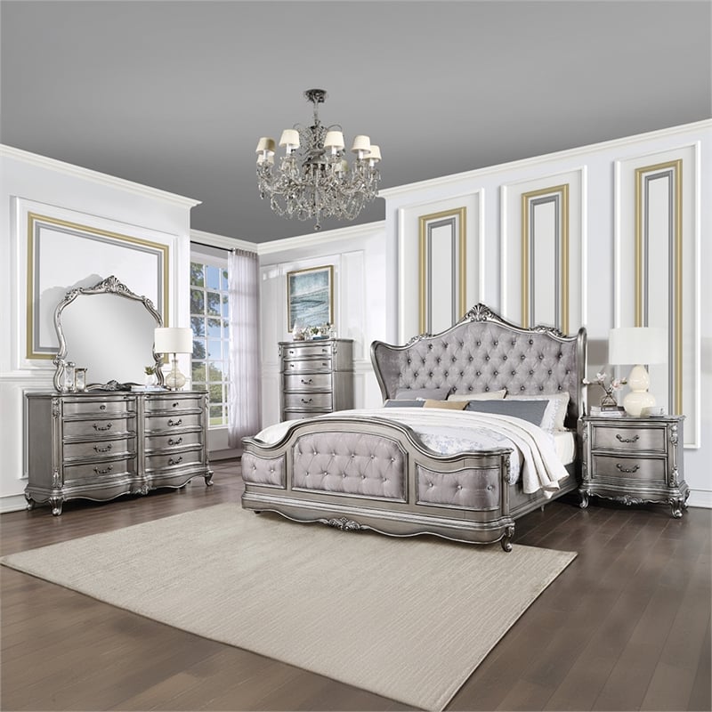 ACME Ariadne Queen Bed in Velvet & Antique Platinum