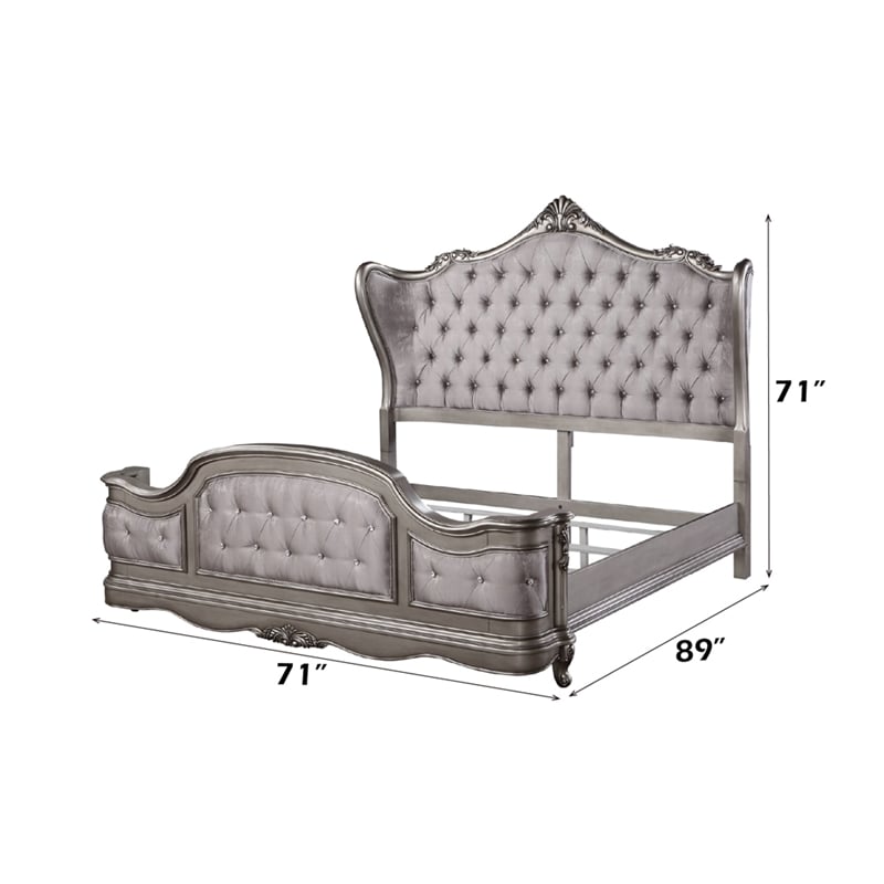 ACME Ariadne Queen Bed in Velvet & Antique Platinum