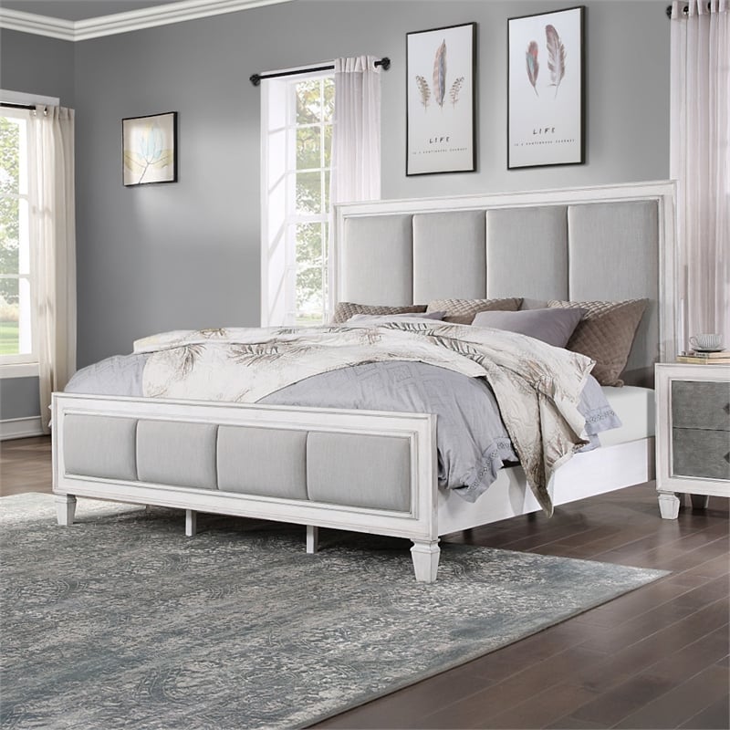 ACME Katia Queen Bed in Light Gray Linen in Rustic Gray & Weathered White