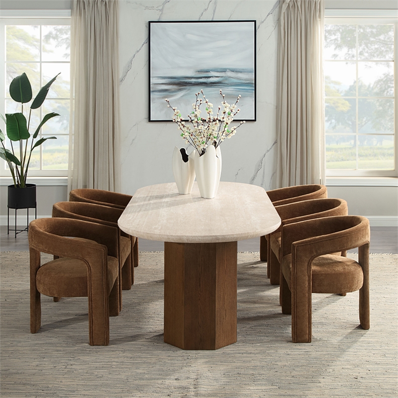 ACME Leonardo Dining Table in Travertine Top & Dark Oak