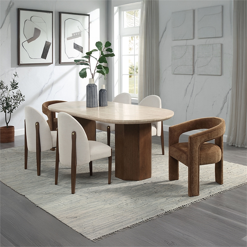 ACME Leonardo Dining Table in Travertine Top & Dark Oak