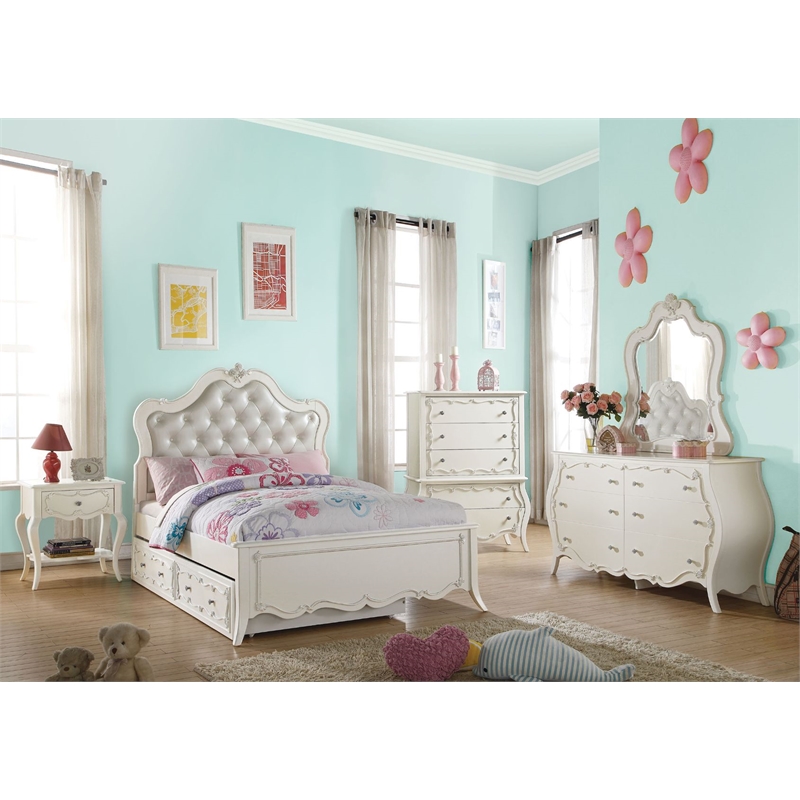 ACME Edalene Twin Bed in Synthetic Leather & Pearl White