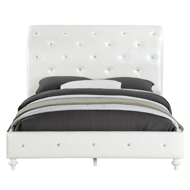 ACME Dorothy Twin Bed (Padded Sleigh) in Pearl White Synthetic Leather & Ivory
