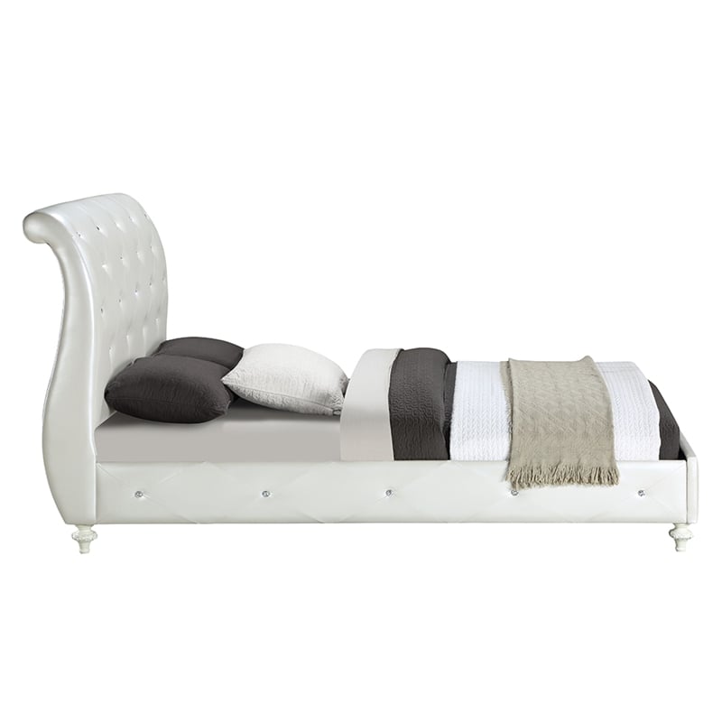 ACME Dorothy Twin Bed (Padded Sleigh) in Pearl White Synthetic Leather & Ivory