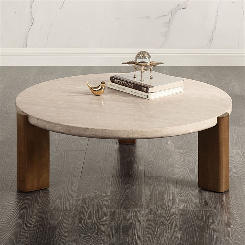 ACME Leonardo Coffee Table in Travertine Top & Dark Oak