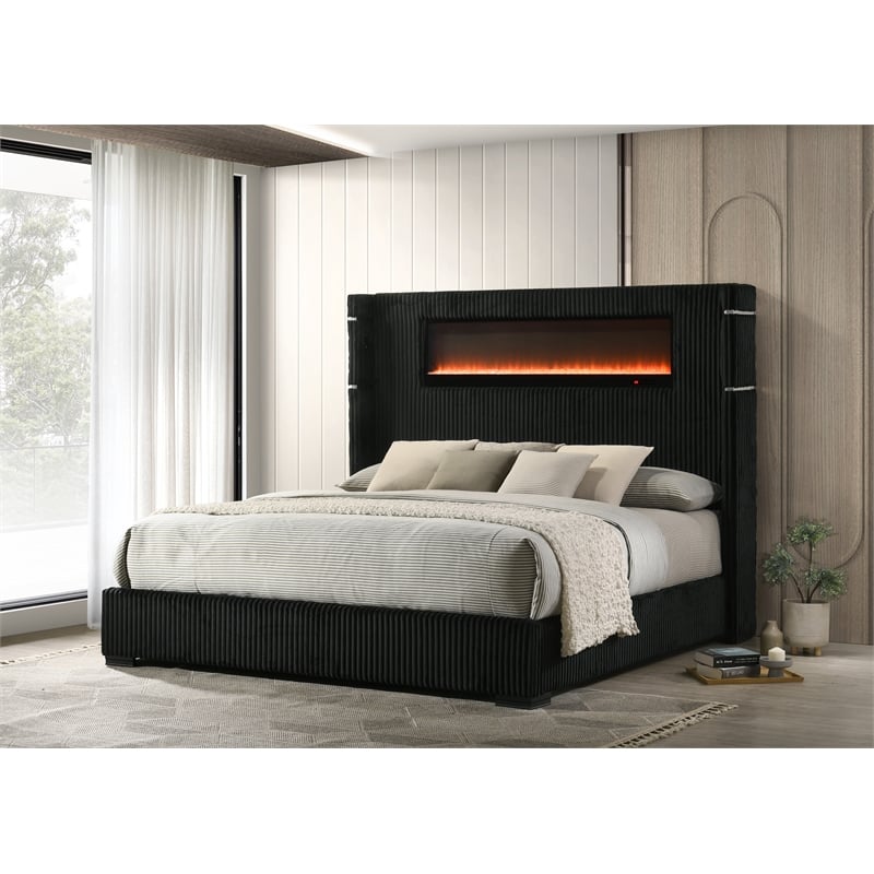 ACME Garner EK Bed with Fireplace in Black & Gray Corduroy