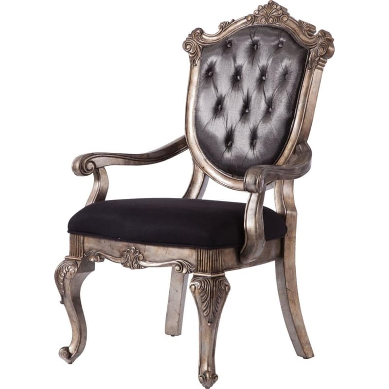 ACME Chantelle Arm Chair (Set-2) in Silver Gray Silk Fabric & Antique Platinum