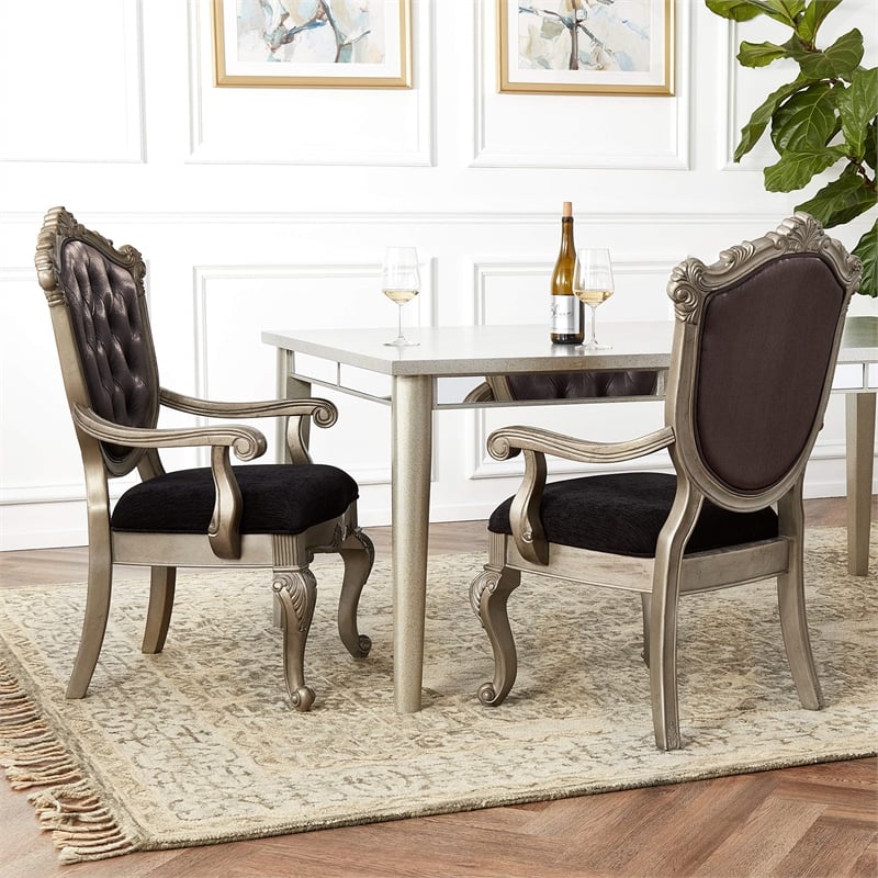 ACME Chantelle Arm Chair (Set-2) in Silver Gray Silk Fabric & Antique Platinum