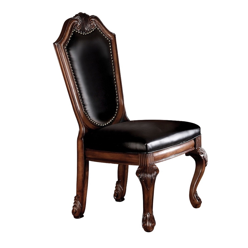 ACME Chateau De Ville Side Chair (Set-2) in Black Synthetic Leather & Cherry