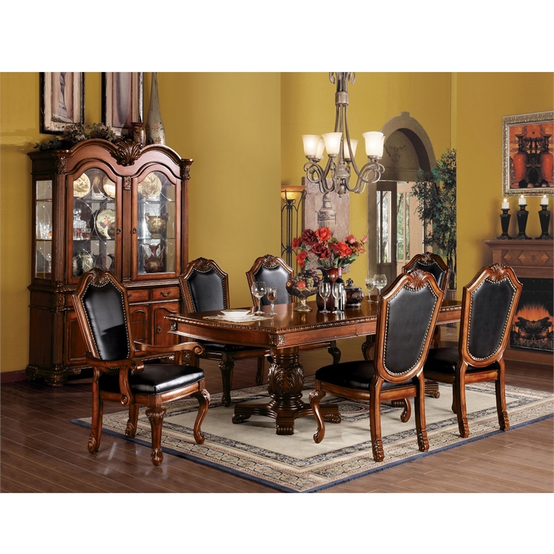 ACME Chateau De Ville Arm Chair (Set-2) in Black Synthetic Leather & Cherry