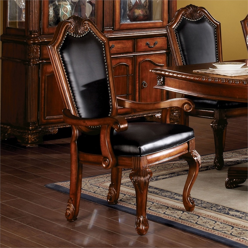 ACME Chateau De Ville Arm Chair (Set-2) in Black Synthetic Leather & Cherry