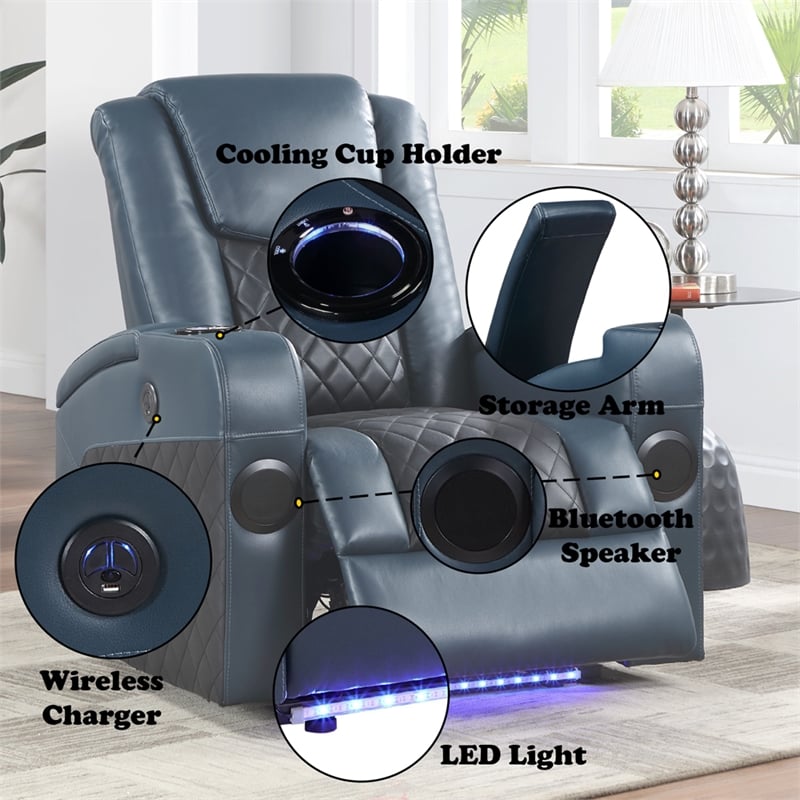 ACME Alair Power Motion Recliner w/Bluetooth Speaker & Cup Holder in Blue/Black