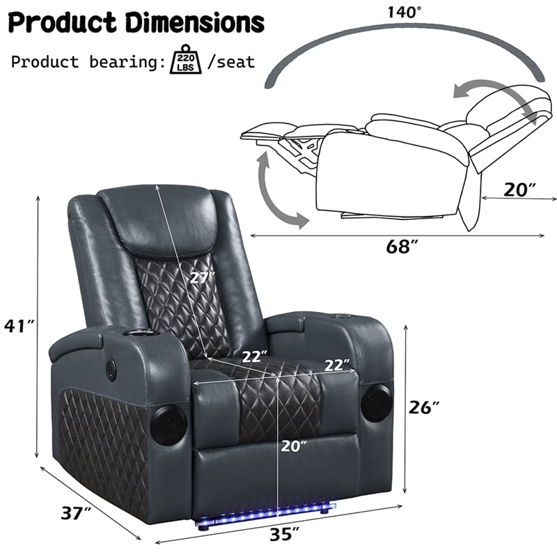 ACME Alair Power Motion Recliner w/Bluetooth Speaker & Cup Holder in Blue/Black