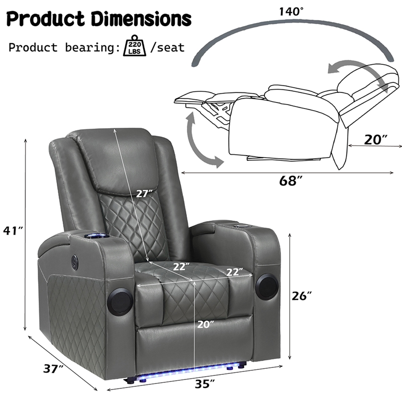 ACME Alair Power Motion Recliner w/Bluetooth Speaker & Cup Holder in Dark Gray