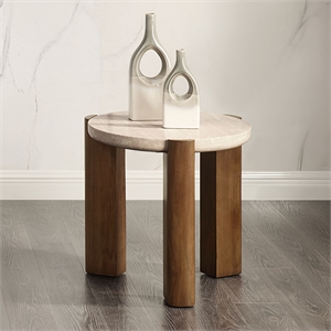 ACME Leonardo End Table in Travertine Top & Dark Oak