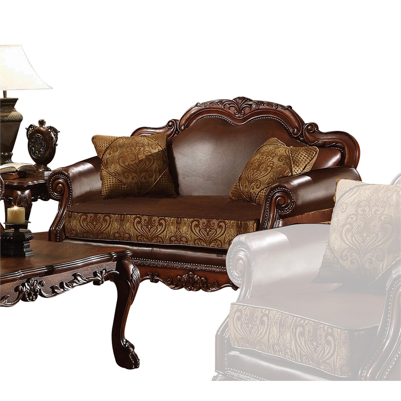 ACME Dresden Loveseat w/2 Pillows in Brown Synthetic Leather & in Cherry Oak